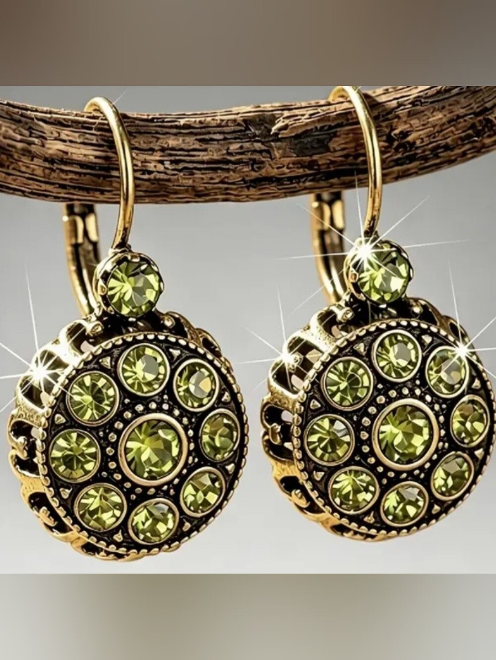 Gold-Tone Olive Green Crystal Round Drop Earrings - Women Jewelry